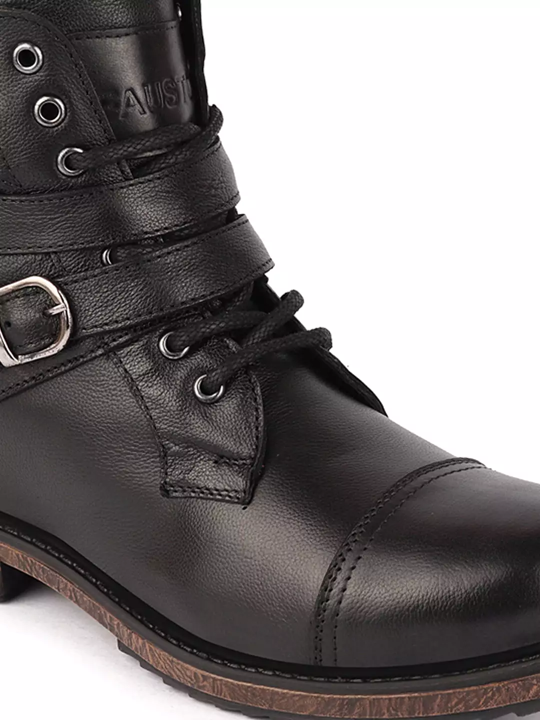 Black Leather High Ankle Combat Boots - 8-Eye Lace Up, Buckle Closure, Side Zipper