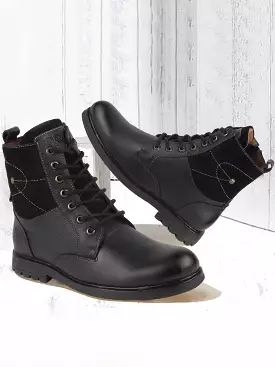 Black Leather Lace Up High Top Boots for Men