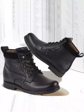 Black Leather Lace Up Mid Top Boots