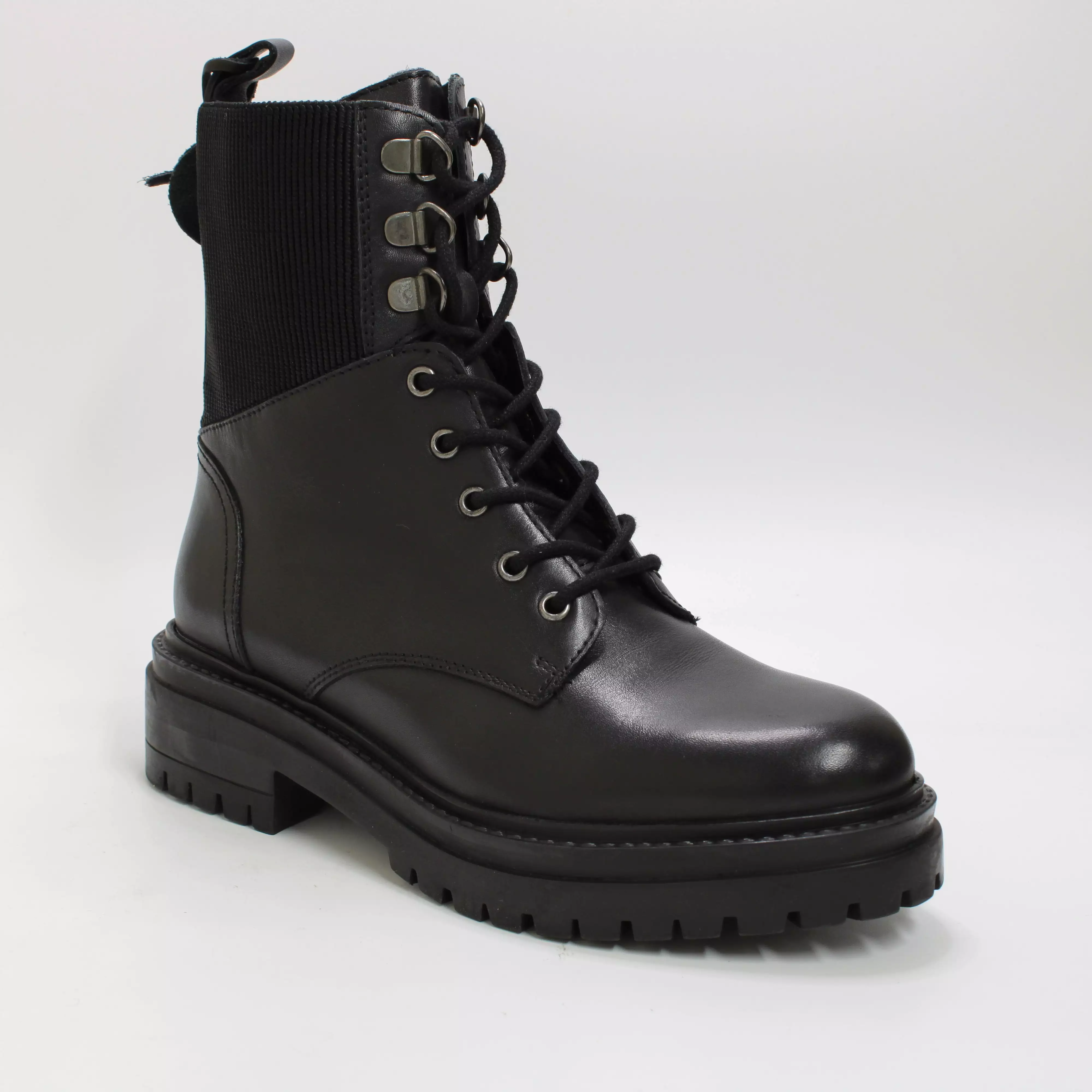 Black Leather Women's Office Affirmation Boots with Elastic Panel and Lace-up