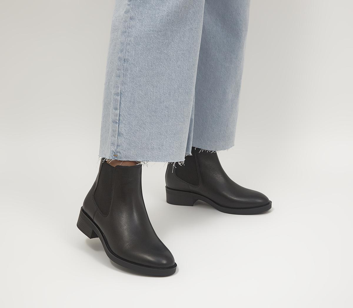 Black Leather Women's Office Chelsea Boots with Clean Sole