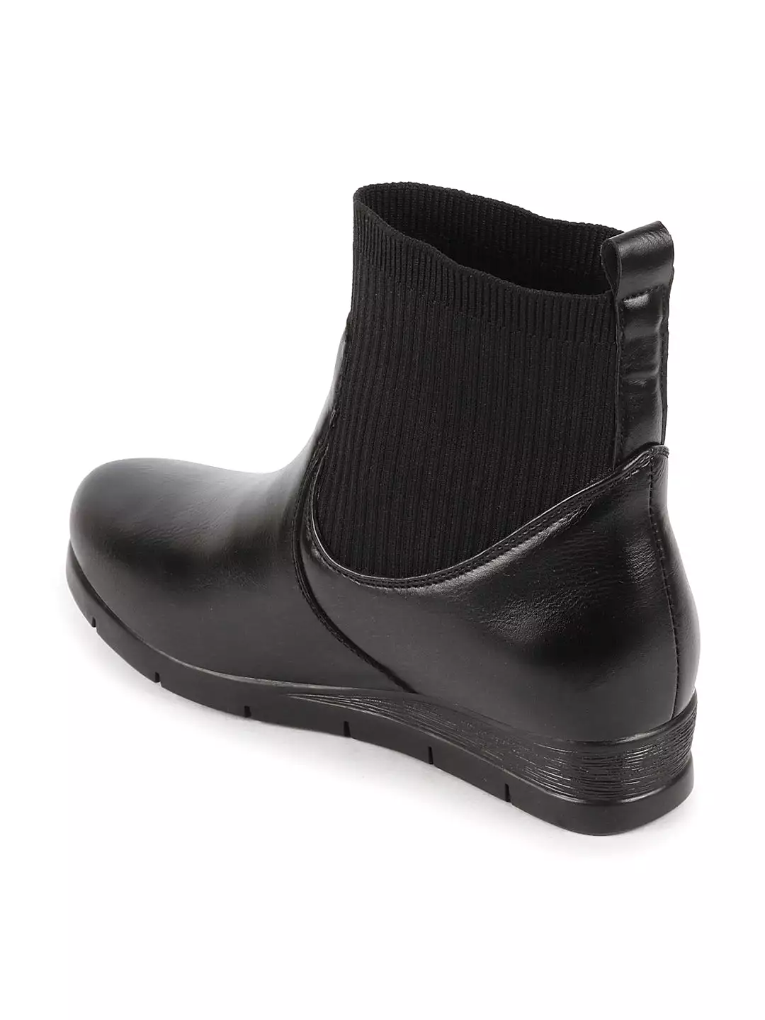 Black Mid Top Socks Collar Slip On Wedge Heel Work Boots for Women with Broad Feet