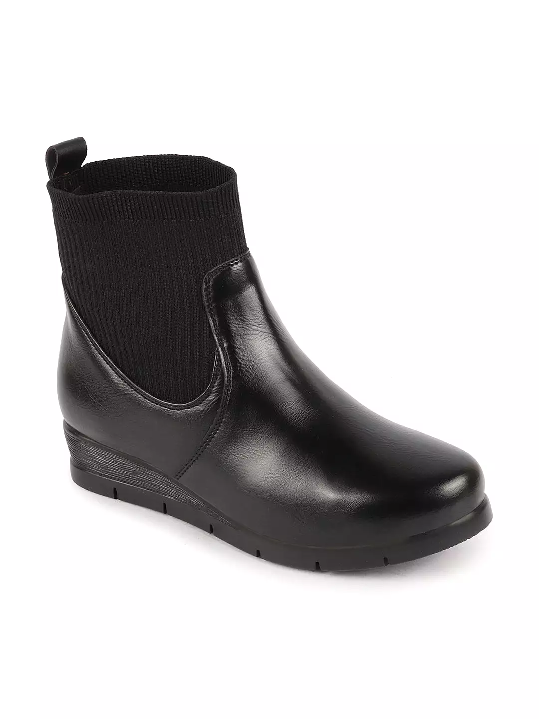 Black Mid Top Socks Collar Slip On Wedge Heel Work Boots for Women with Broad Feet