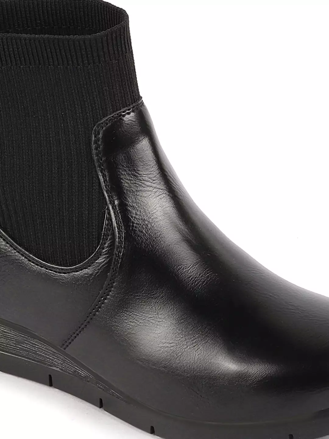 Black Mid Top Socks Collar Slip On Wedge Heel Work Boots for Women with Broad Feet