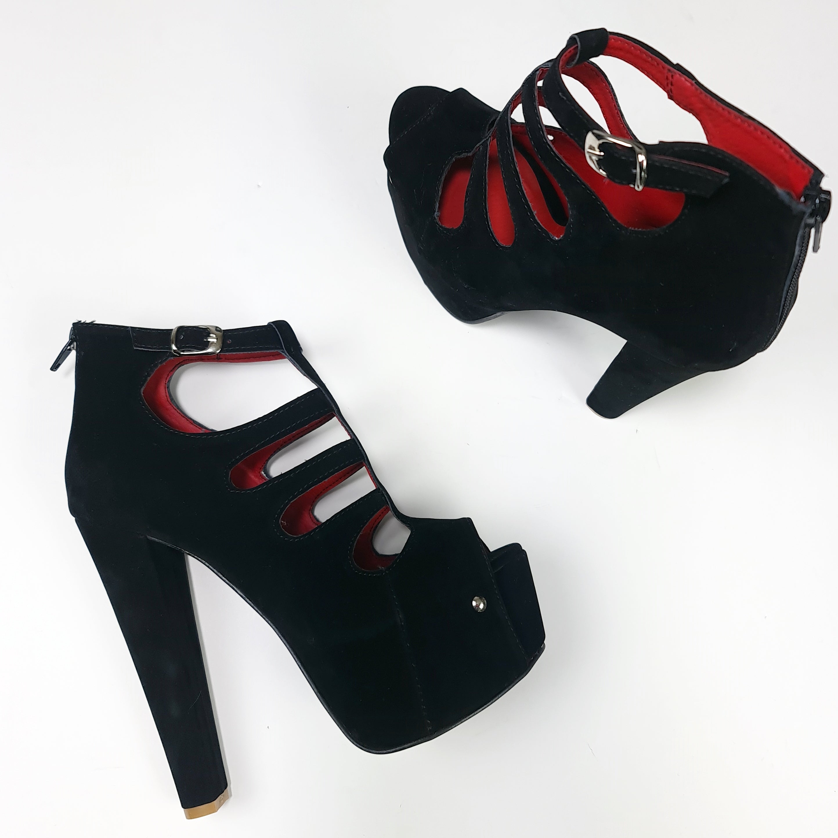 Black Suede Chunky Heel Platform Cage Sandal