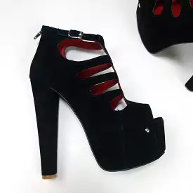 Black Suede Chunky Heel Platform Cage Sandal