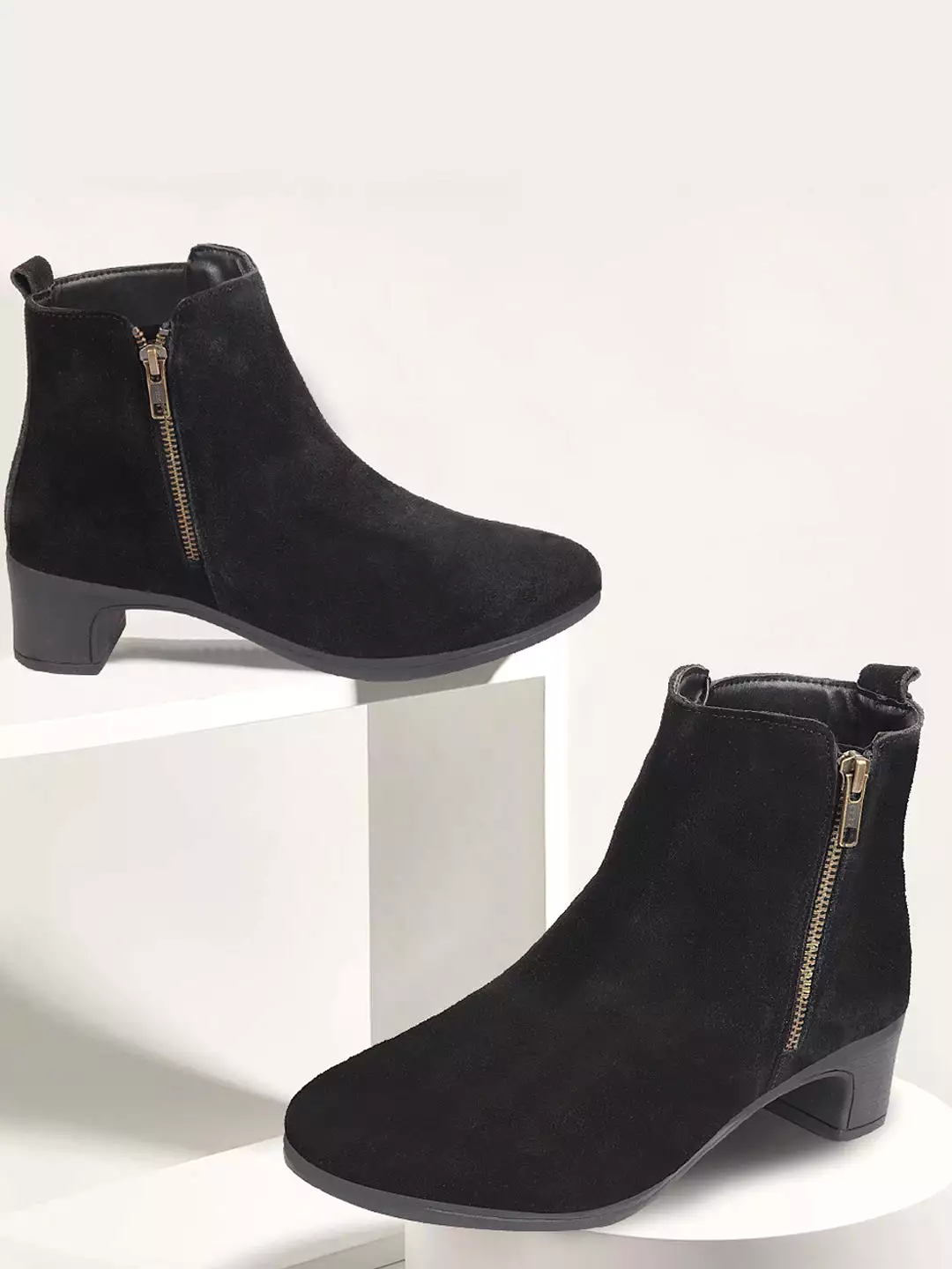 Black Suede Leather Chelsea Boots - Mid Top, Flared Heel, Zipper Closure - Winter Women's Footwear