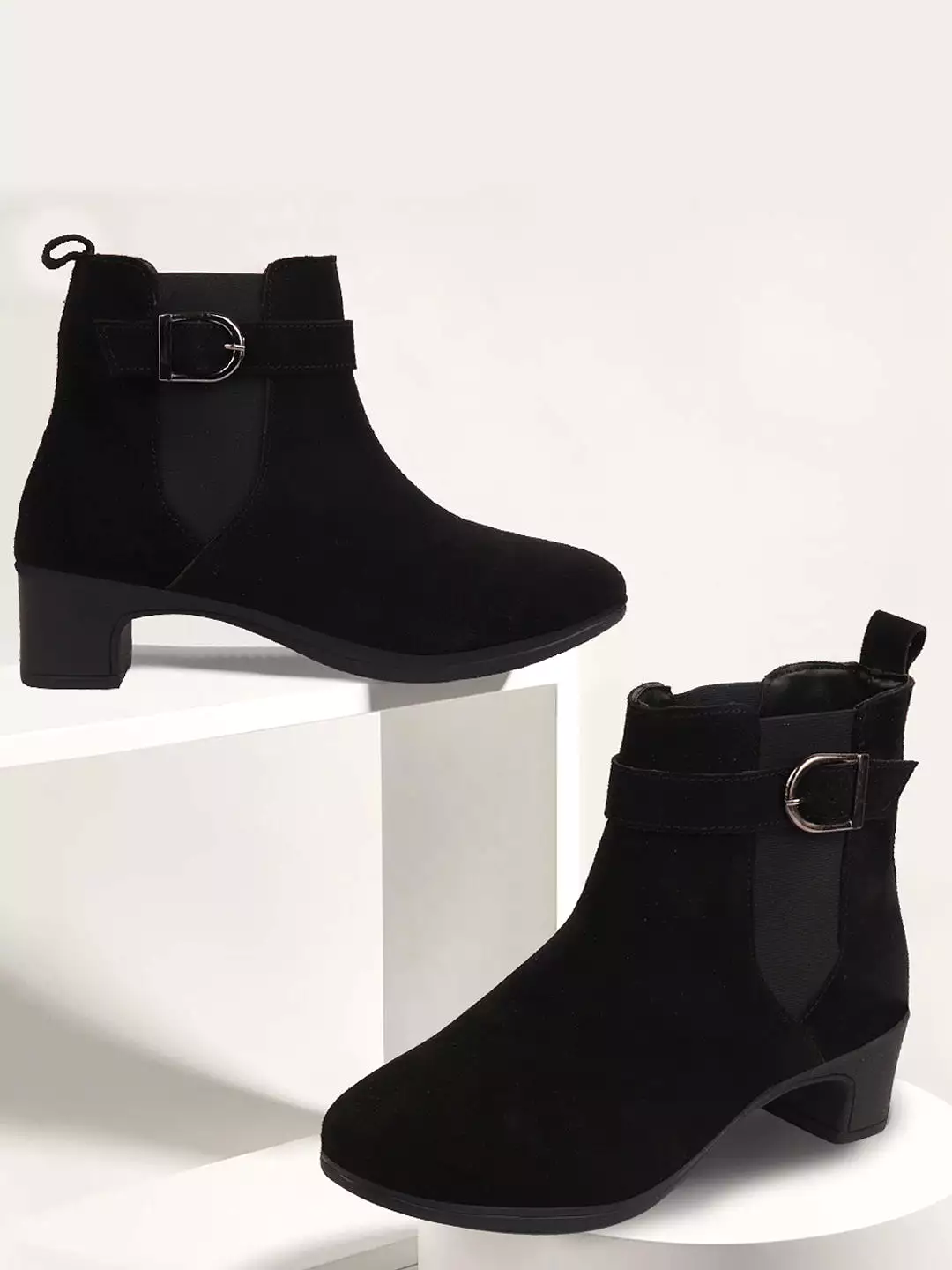 Black Suede Leather Chelsea Boots with Flared Heel, High Ankle, Buckle Strap - Winter Classic