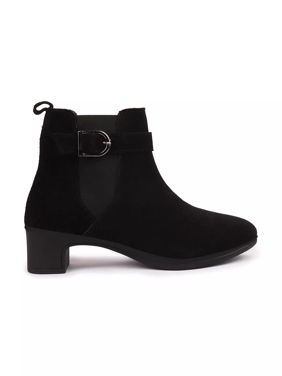 Black Suede Leather Chelsea Boots with Flared Heel, High Ankle, Buckle Strap - Winter Classic