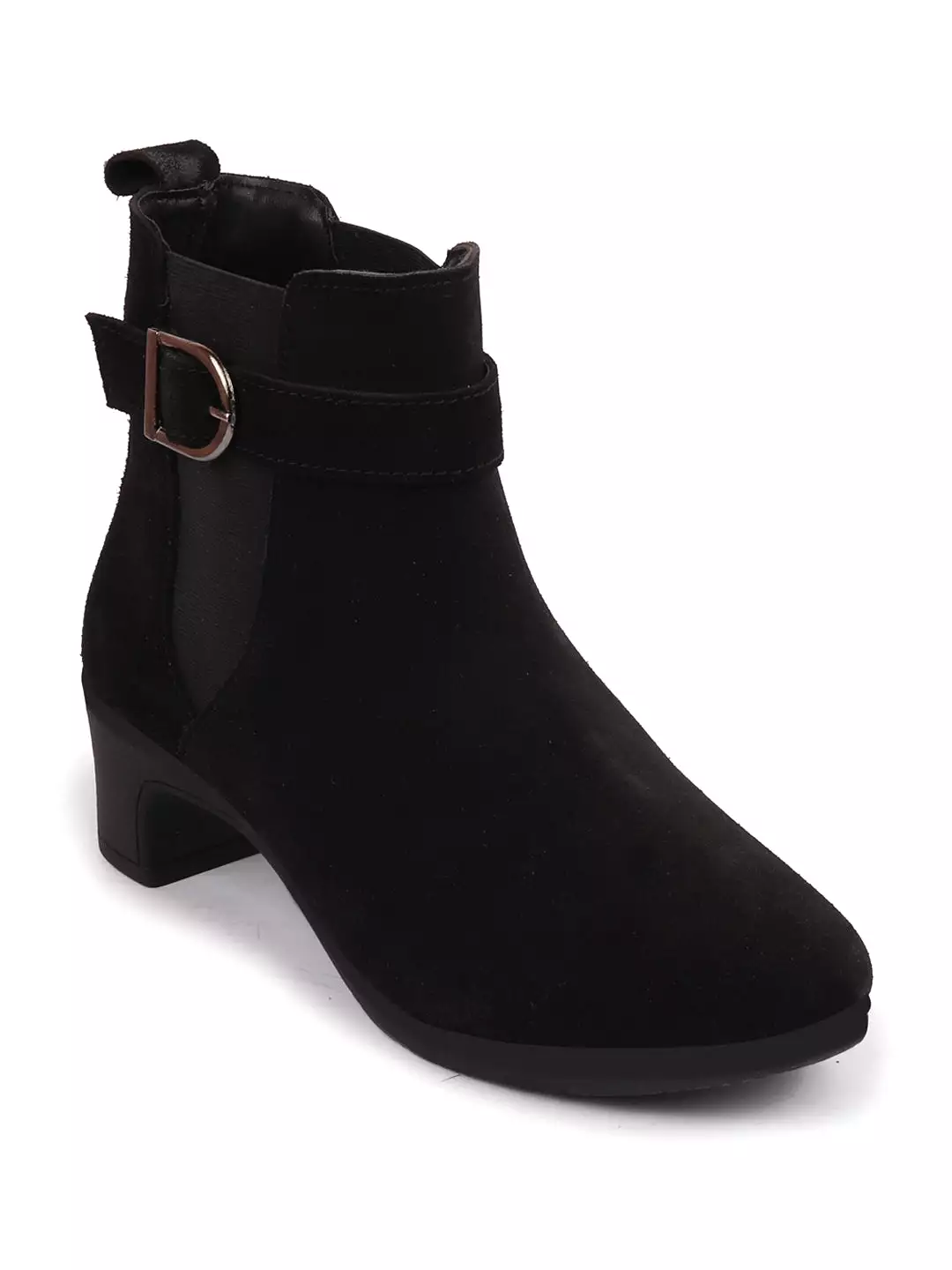 Black Suede Leather Chelsea Boots with Flared Heel, High Ankle, Buckle Strap - Winter Classic