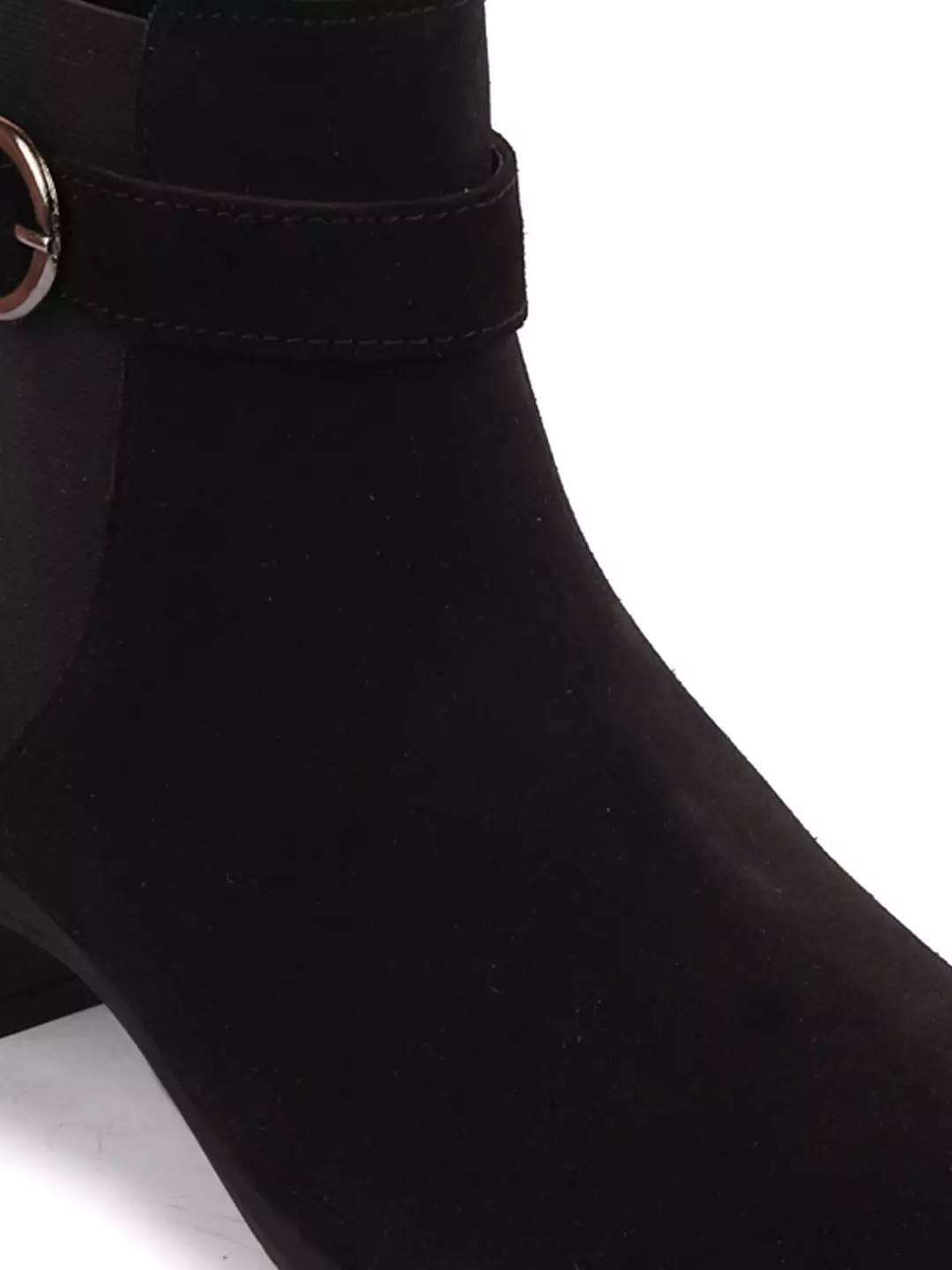 Black Suede Leather Chelsea Boots with Flared Heel, High Ankle, Buckle Strap - Winter Classic