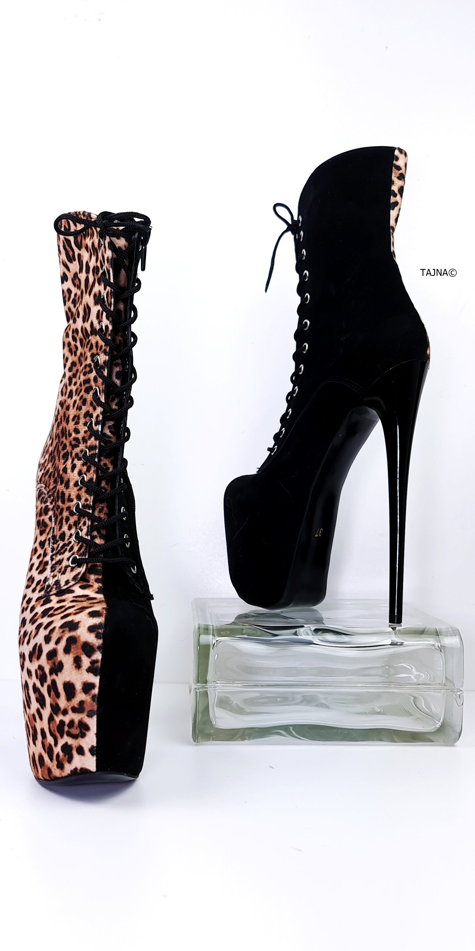 Black Suede Leopard Print Lace Up Boots