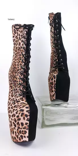 Black Suede Leopard Print Lace Up Boots