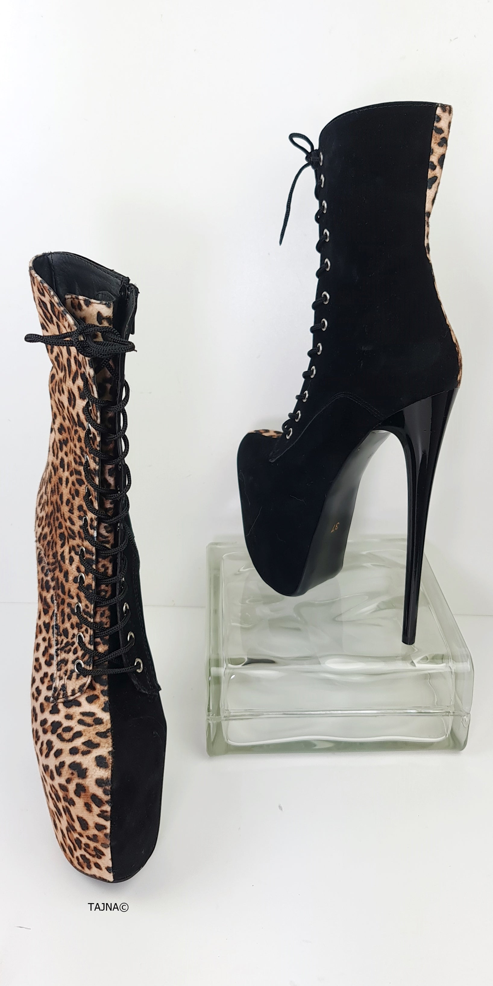 Black Suede Leopard Print Lace Up Boots