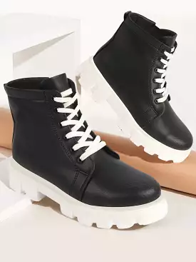 Black Winter High Top Chunky Lace Up Casual Boots for Women