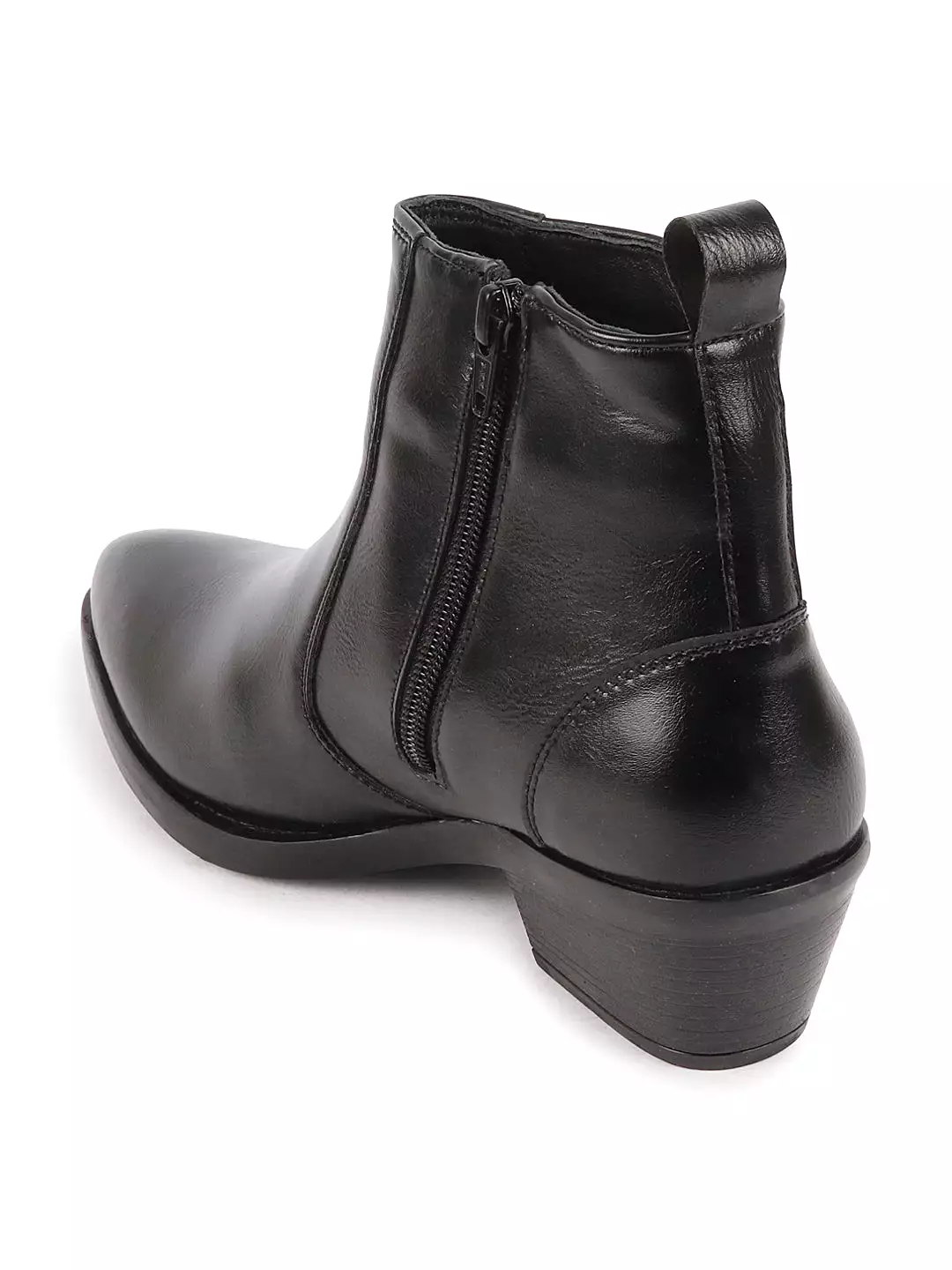 Black Women's Mid Top Side Zipper Slip On Flared Heel Pointed Toe Chelsea Boots