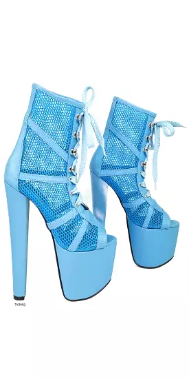 Blue Lace-up Platform High Heel Booties with Fishnet Detail