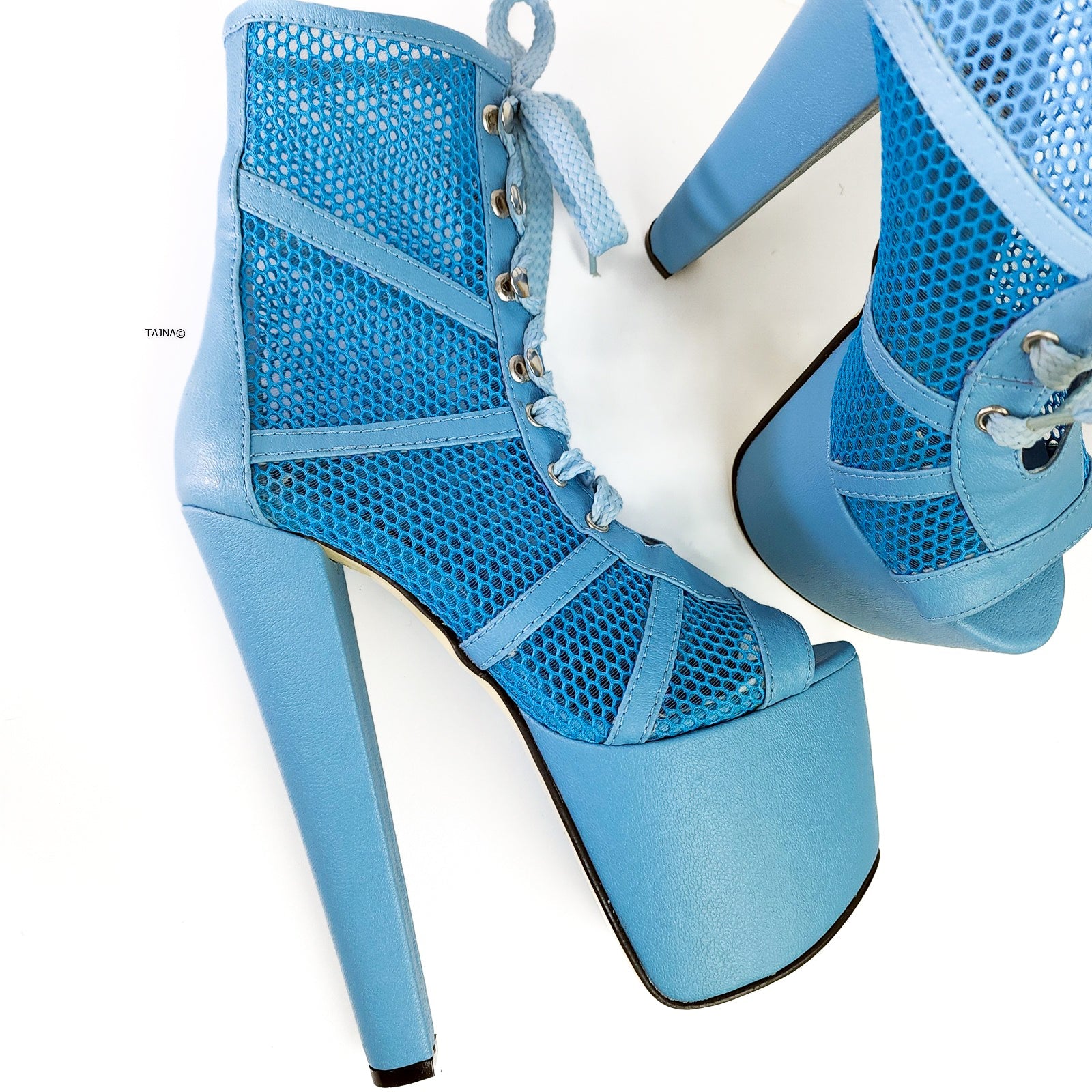 Blue Lace-up Platform High Heel Booties with Fishnet Detail