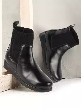 Broad Feet Slip On Wedge Heel Chelsea Boots for Women with Mid Top Socks Collar - Black