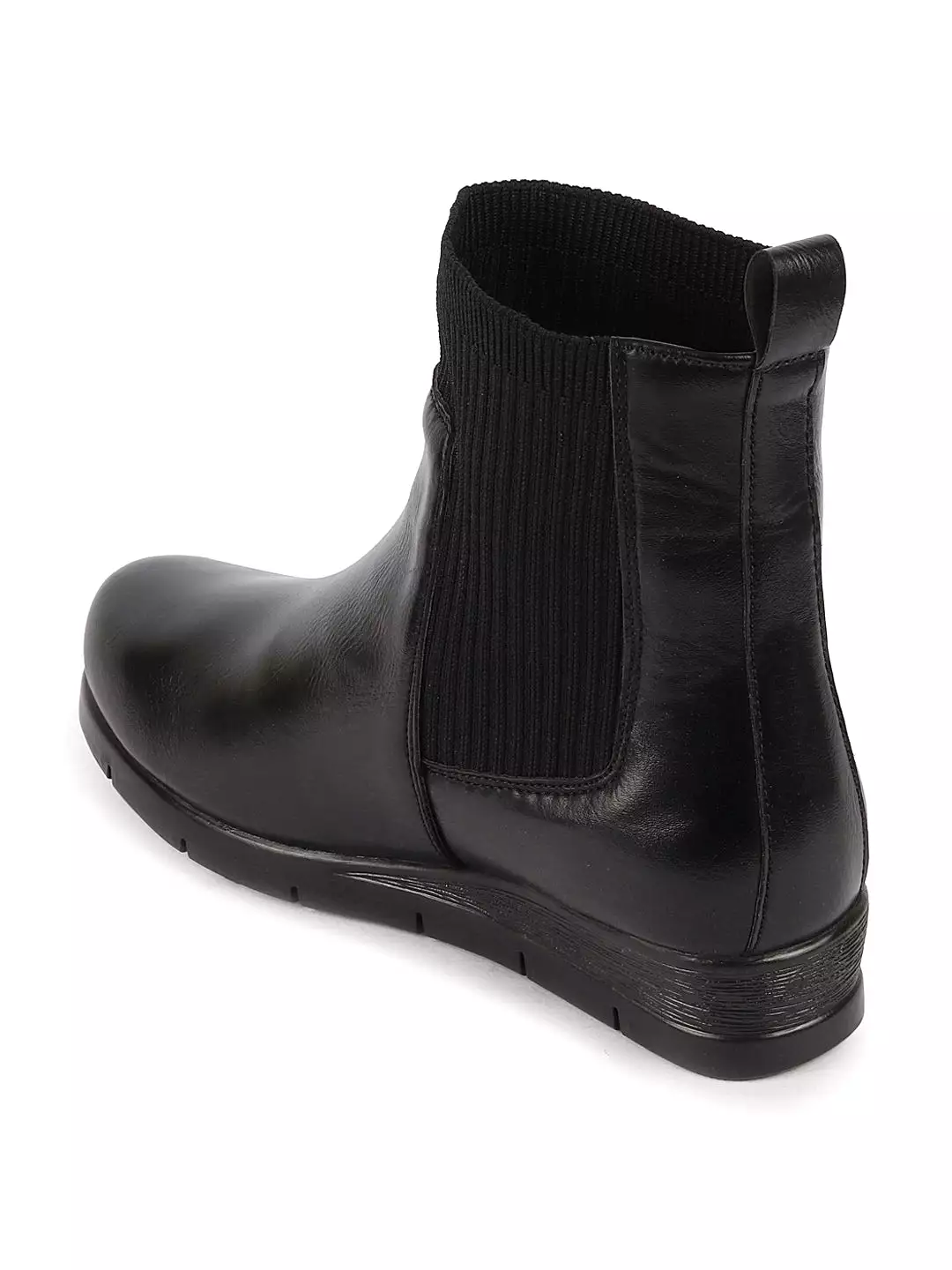 Broad Feet Slip On Wedge Heel Chelsea Boots for Women with Mid Top Socks Collar - Black