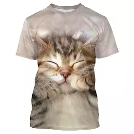 Brown 3D Printed Cute Cat T-Shirt for Women - Weekend Casual Round Neck Standard Fit 3D Cat Painted Design