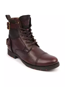 Brown Ankle Boots - Genuine Leather, 7-Eye Cap Toe, Lace Up Closure, Side Zipper, Combat Style