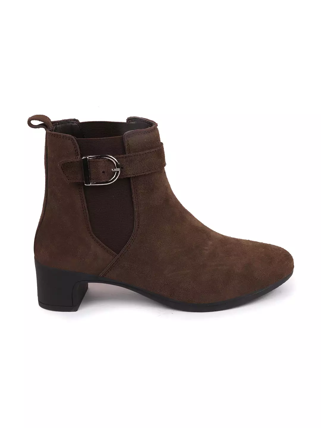 Brown Flared Heel High Ankle Suede Leather Winter Buckle Strap Chelsea Boots for Women