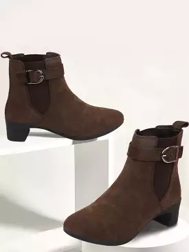 Brown Flared Heel High Ankle Suede Leather Winter Buckle Strap Chelsea Boots for Women