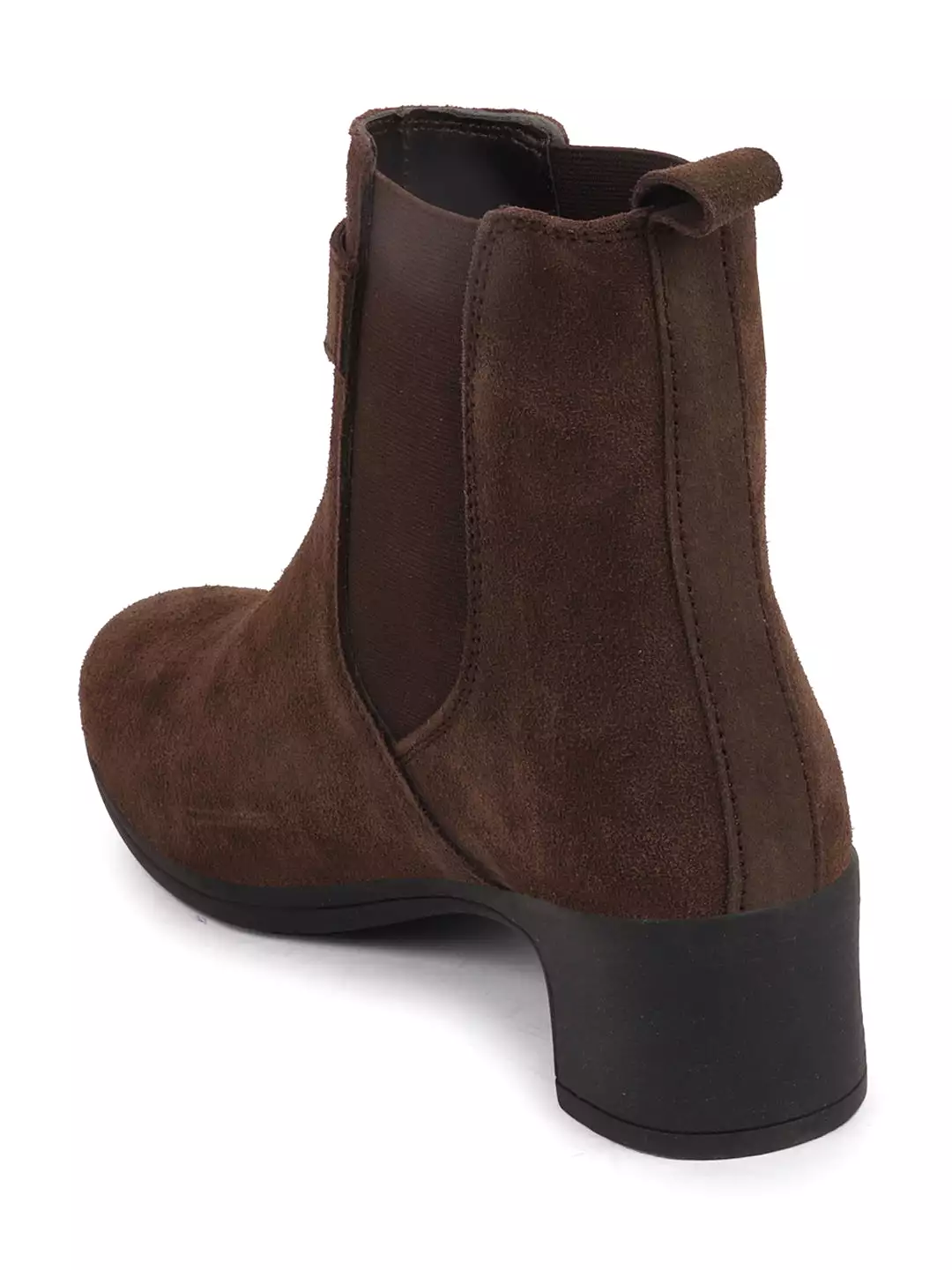 Brown Flared Heel High Ankle Suede Leather Winter Buckle Strap Chelsea Boots for Women