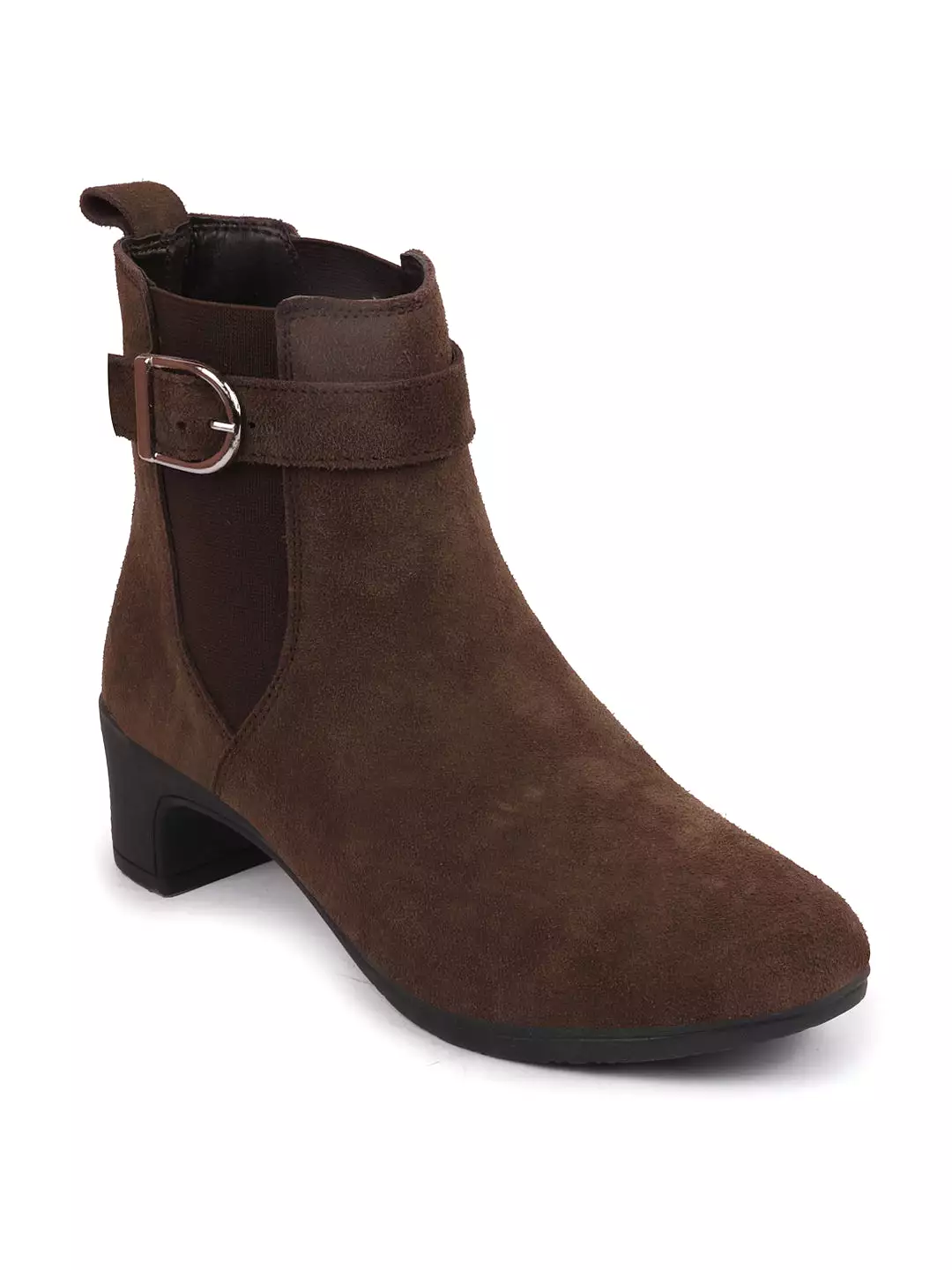 Brown Flared Heel High Ankle Suede Leather Winter Buckle Strap Chelsea Boots for Women