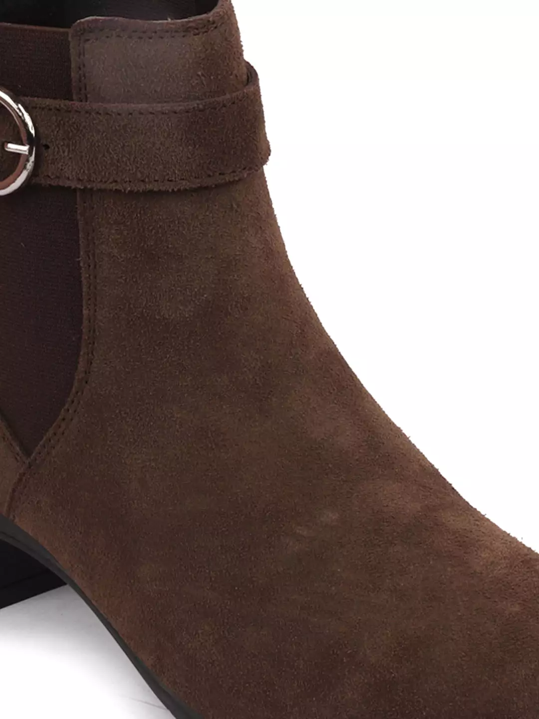 Brown Flared Heel High Ankle Suede Leather Winter Buckle Strap Chelsea Boots for Women