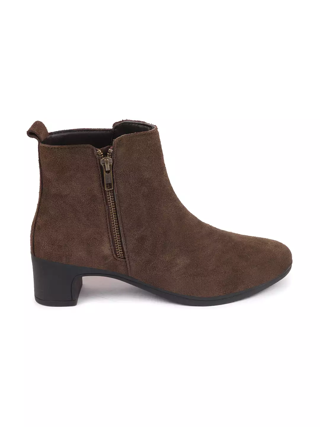 Brown Flared Heel Mid Top Suede Leather Zipper Closure Winter Chelsea Boots for Women