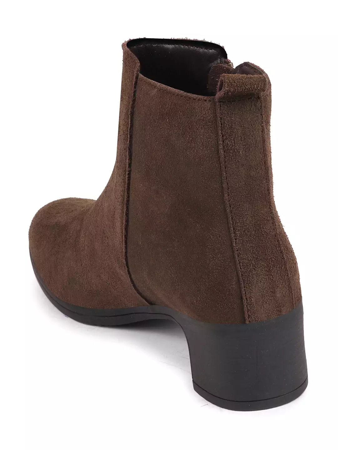 Brown Flared Heel Mid Top Suede Leather Zipper Closure Winter Chelsea Boots for Women