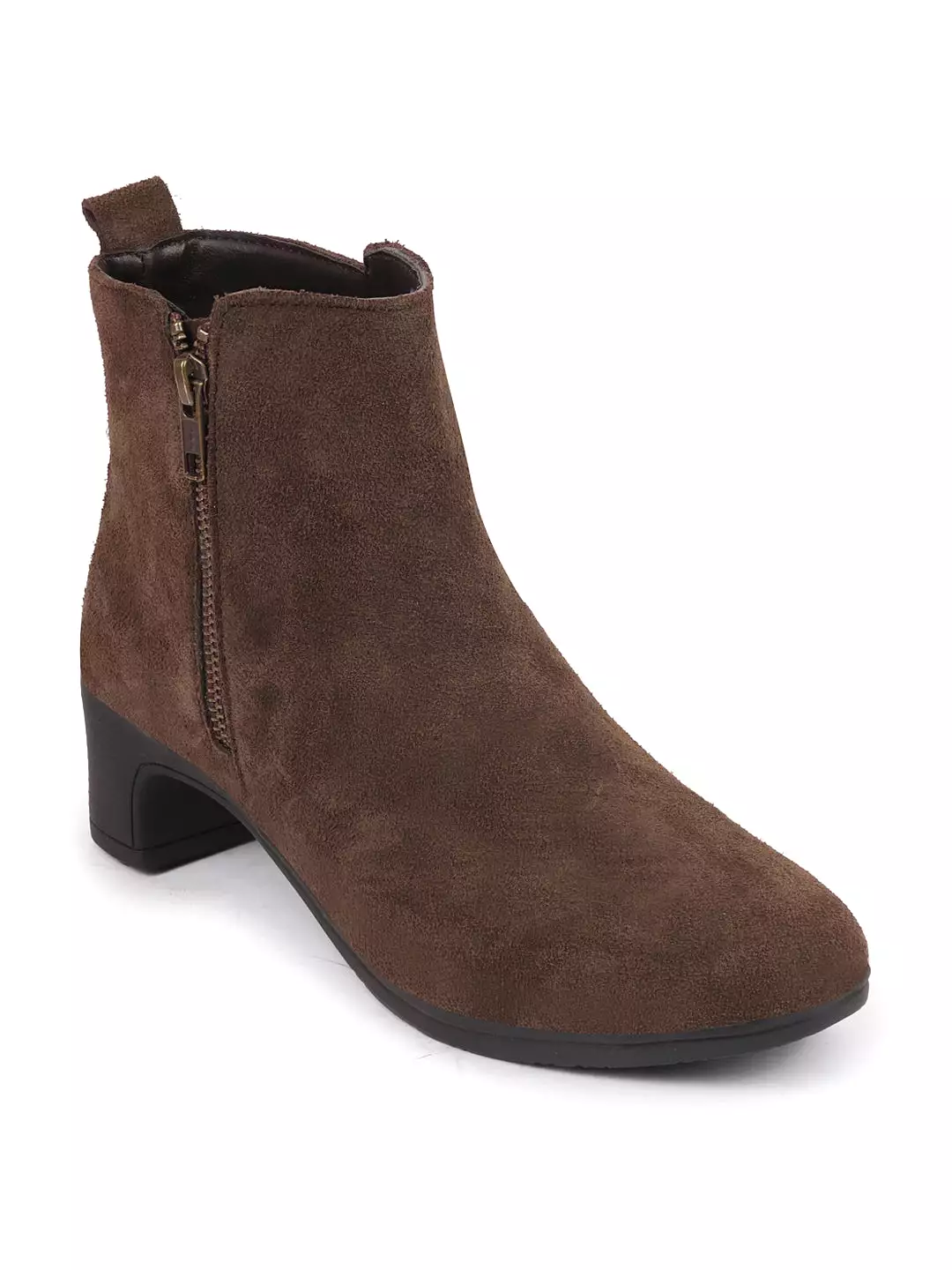 Brown Flared Heel Mid Top Suede Leather Zipper Closure Winter Chelsea Boots for Women