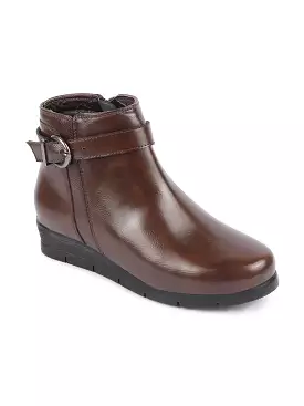 Brown high ankle broad feet side zipper closure casual buckle boots for women.