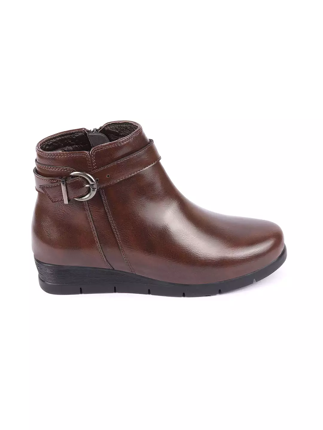 Brown high ankle broad feet side zipper closure casual buckle boots for women.