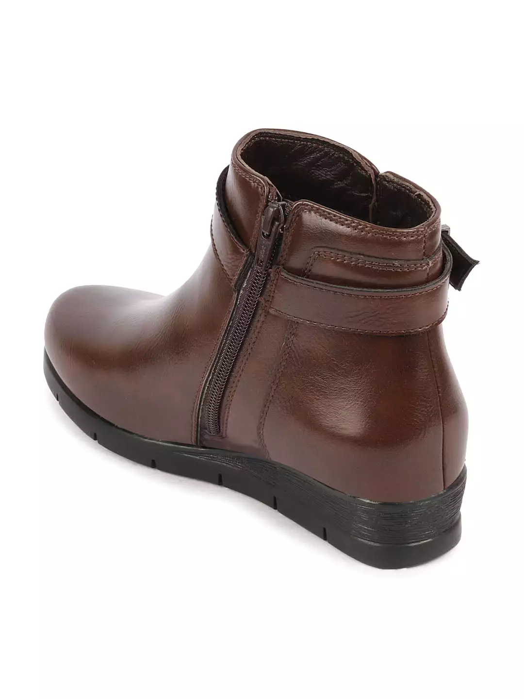 Brown high ankle broad feet side zipper closure casual buckle boots for women.