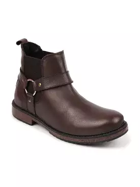 Brown High Ankle Leather Work Boots with Side Ring Buckle Design, Slip On Chelsea