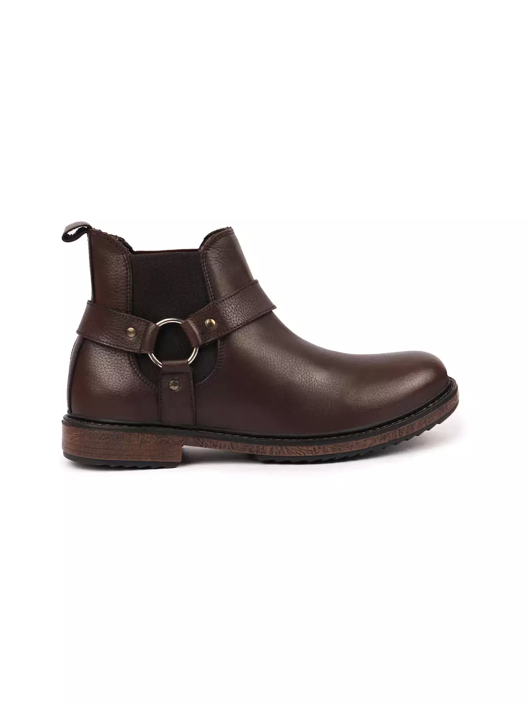 Brown High Ankle Leather Work Boots with Side Ring Buckle Design, Slip On Chelsea