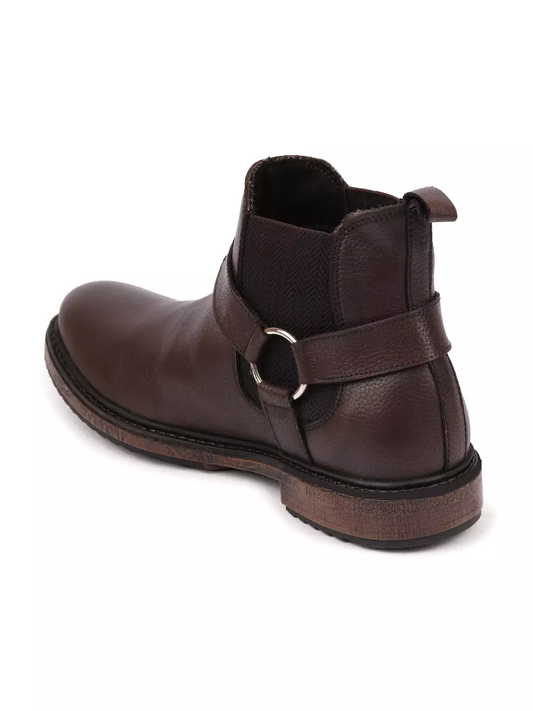 Brown High Ankle Leather Work Boots with Side Ring Buckle Design, Slip On Chelsea