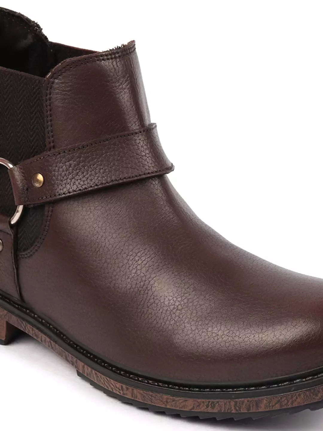 Brown High Ankle Leather Work Boots with Side Ring Buckle Design, Slip On Chelsea