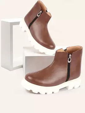 Brown High Top Side Zipper Work Boots for Women