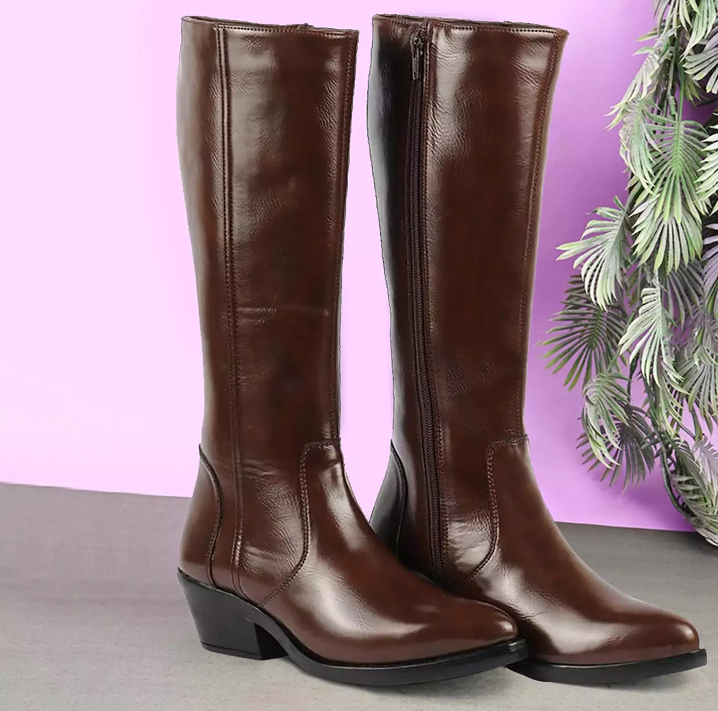 Brown Knee Length Boots - Side Zipper Closure - Pointed Toe - Flared Heel - Women