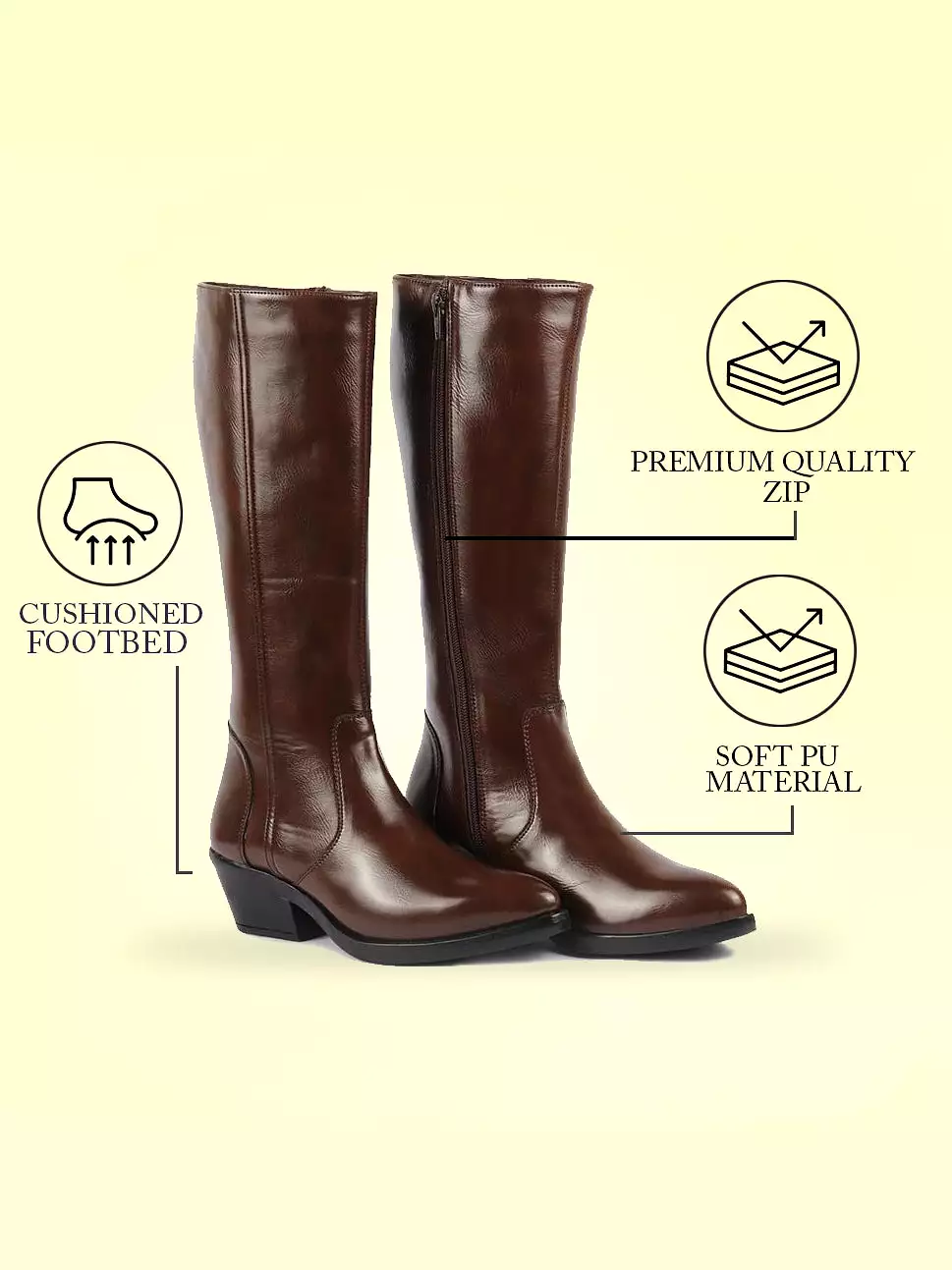 Brown Knee Length Boots - Side Zipper Closure - Pointed Toe - Flared Heel - Women