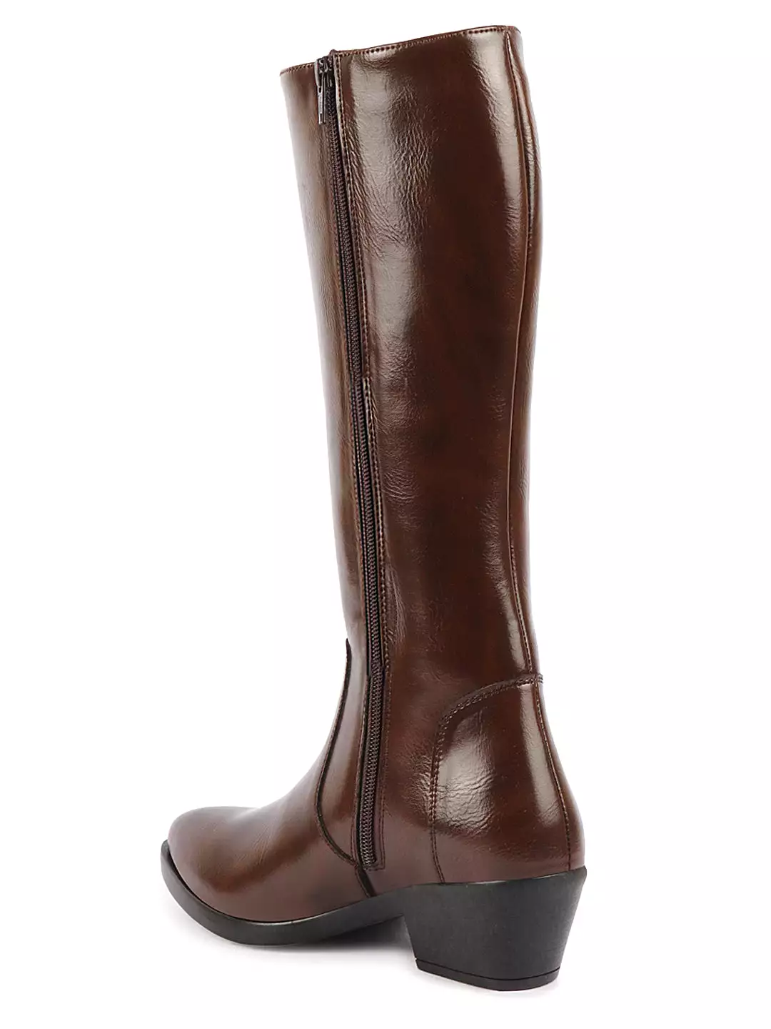 Brown Knee Length Boots - Side Zipper Closure - Pointed Toe - Flared Heel - Women