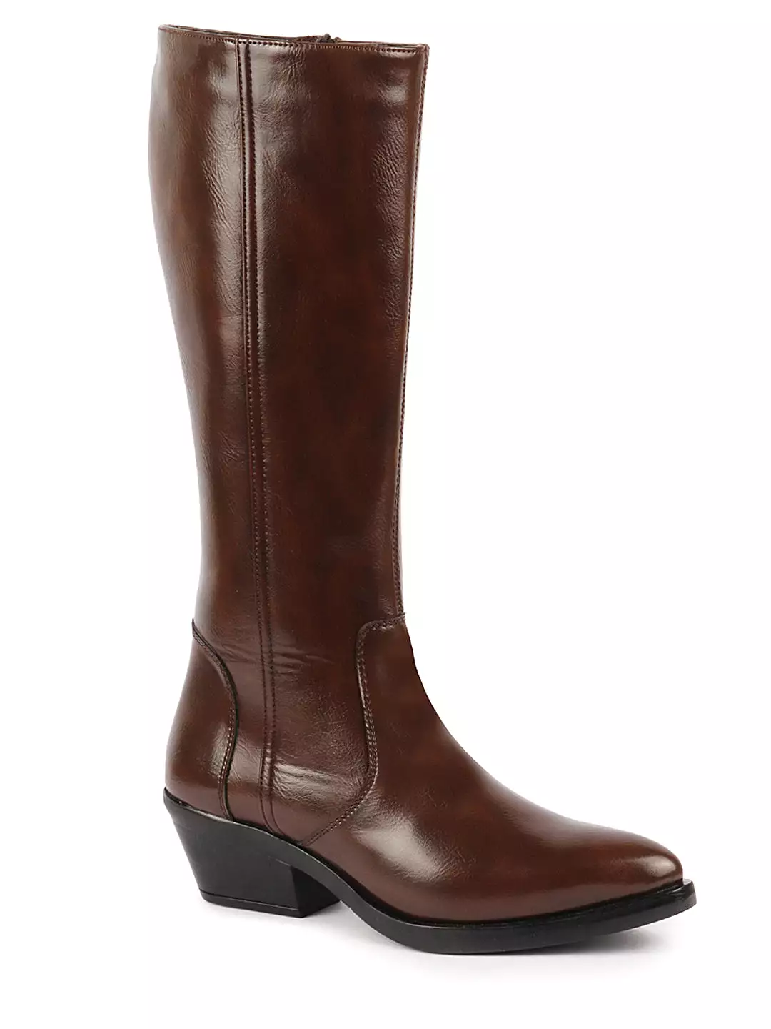 Brown Knee Length Boots - Side Zipper Closure - Pointed Toe - Flared Heel - Women