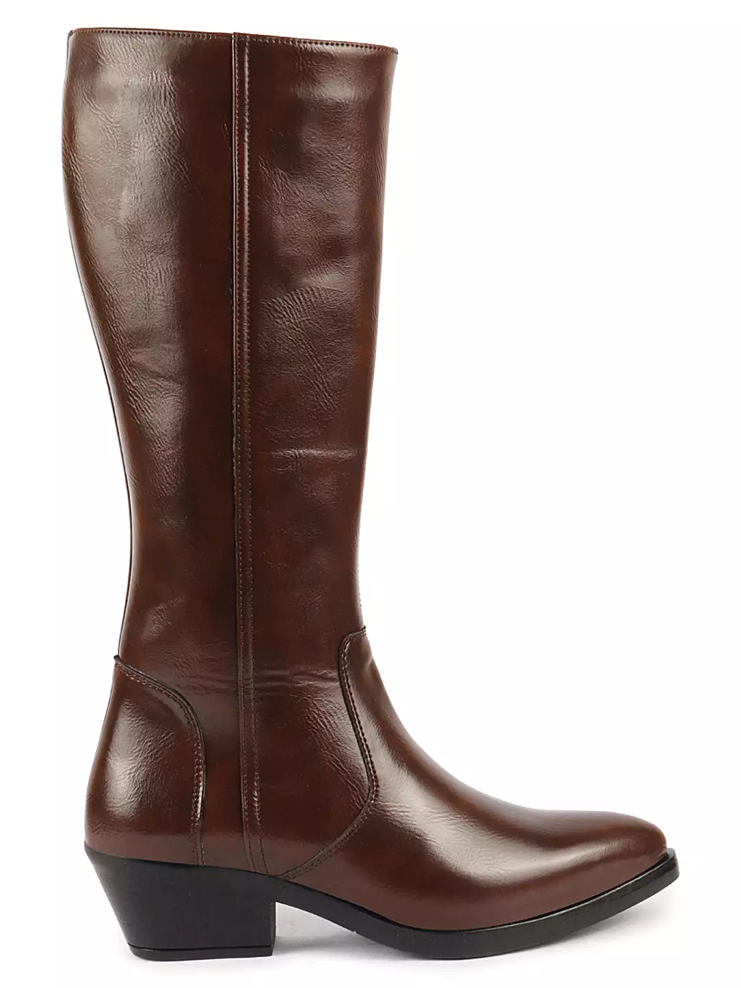 Brown Knee Length Boots - Side Zipper Closure - Pointed Toe - Flared Heel - Women