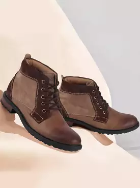 Brown Leather High Ankle Boots for Men with Lace-up