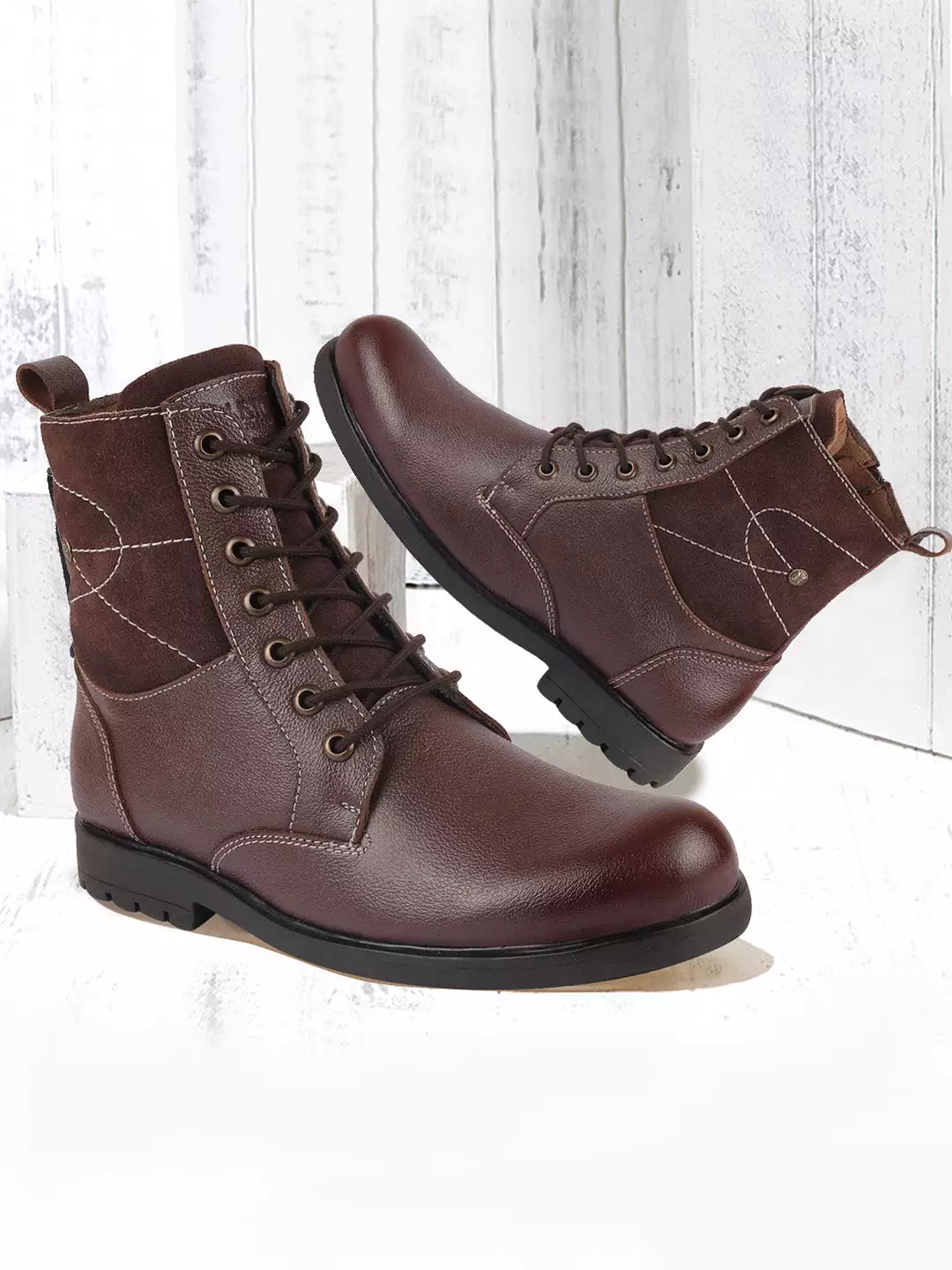 Brown Leather Lace Up High Top Boots for Men