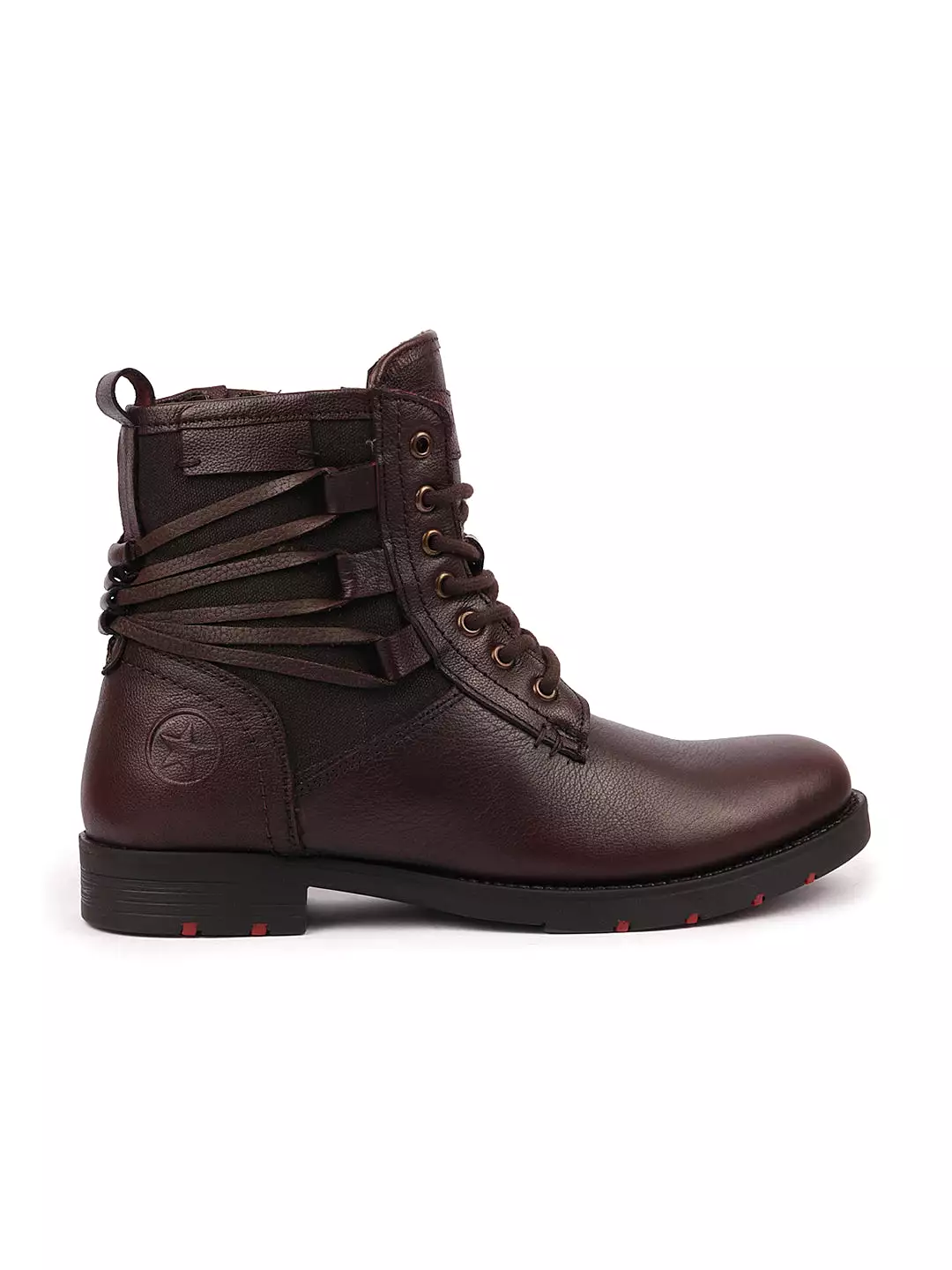 Brown leather men's ankle boots with side zipper and lace-up design - ideal for hiking, featuring a classic 7-eye style and flat